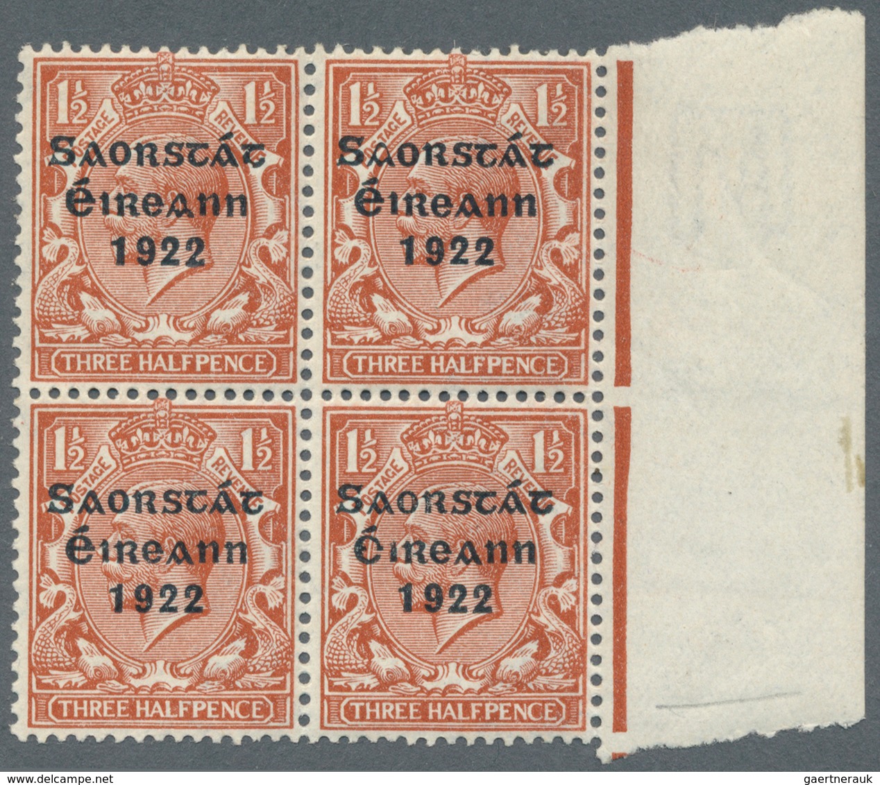 Irland: 1922 Error "PENCF" On Bottom Right Stamp 1½d. Red-brown Of Right Hand Marginal Block Of Four - Brieven En Documenten