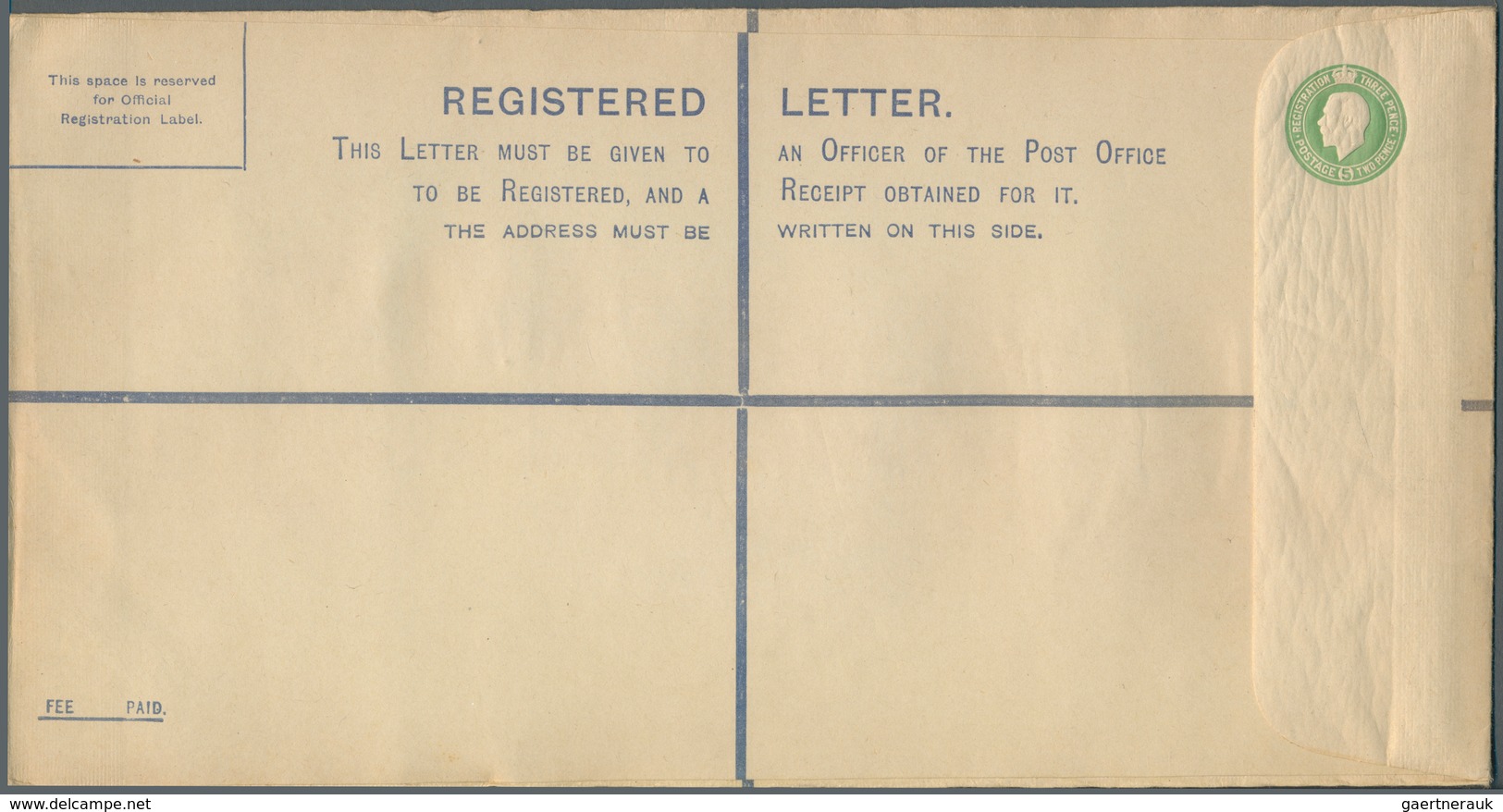 Irland - Ganzsachen: British Dominion: 1922, King Georg V. 5 D. Pale Green Registered Envelope In Si - Postwaardestukken
