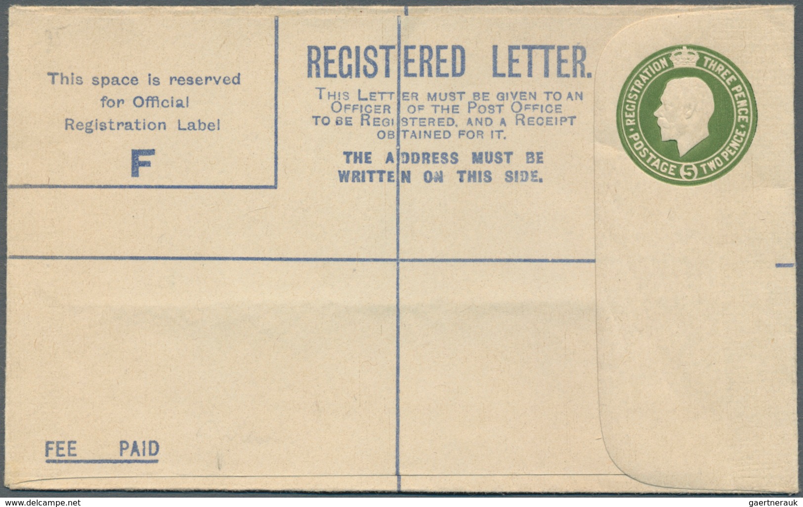 Irland - Ganzsachen: British Dominion: 1923, King Georg V. 5 D. Olive Green Registered Envelope With - Postwaardestukken