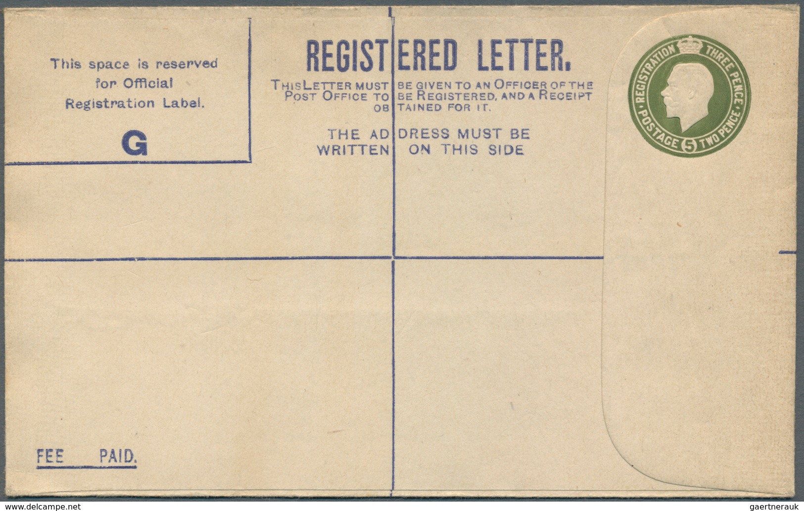 Irland - Ganzsachen: British Dominion: 1923, King Georg V. 5 d. olive green registered envelope with