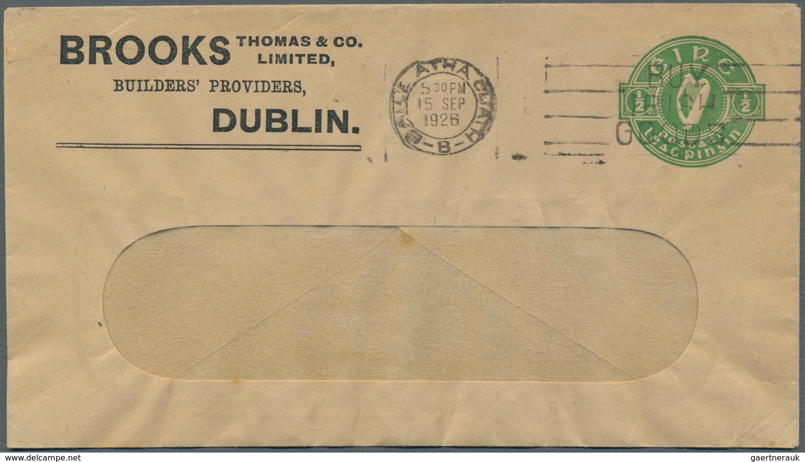 Irland - Ganzsachen: Brooks,, Thomas & Co.: 1926, 1/2 D. Pale Green Window Envelope Used From "BAILE - Postal Stationery