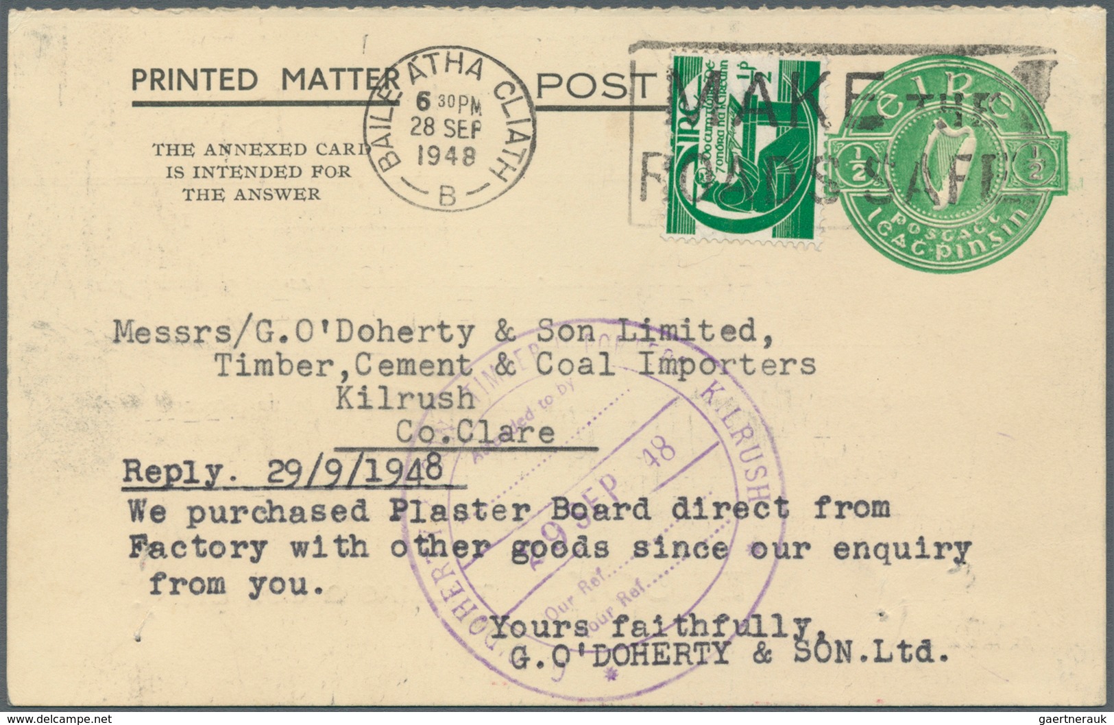 Irland - Ganzsachen: Brooks, Thomas & Co.: 1939, 1/2 D. Pale Green Question Card With Additional Fra - Postwaardestukken