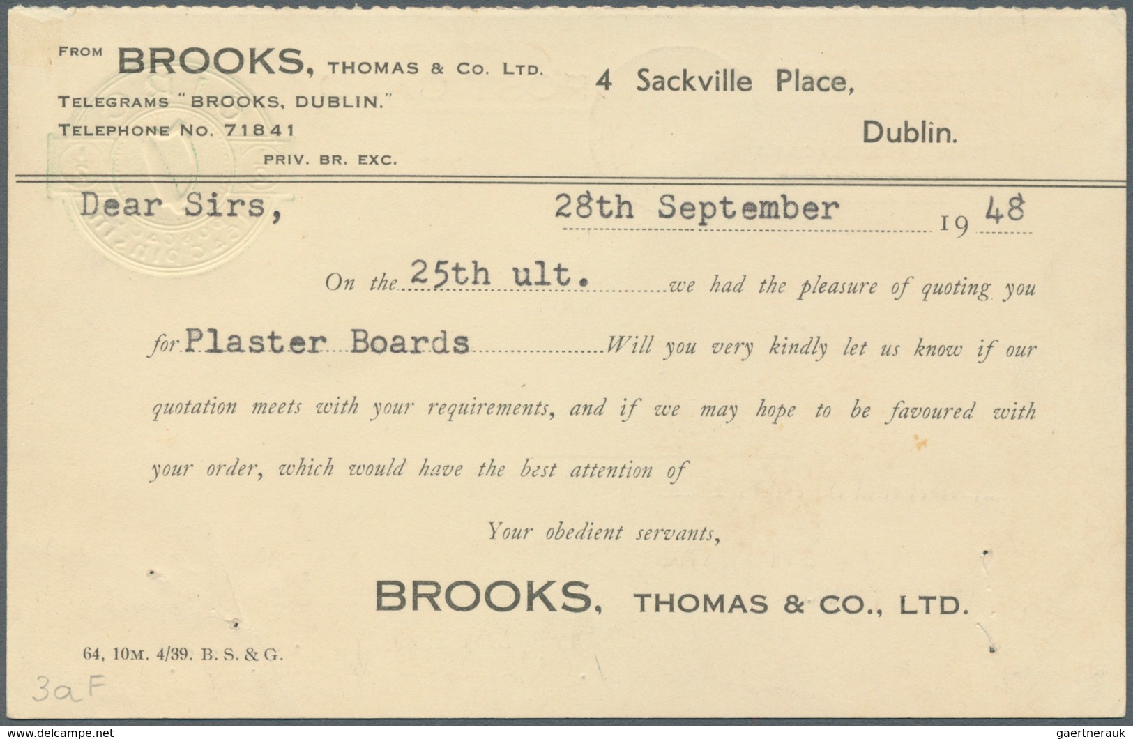 Irland - Ganzsachen: Brooks, Thomas & Co.: 1939, 1/2 D. Pale Green Question Card With Additional Fra - Postwaardestukken