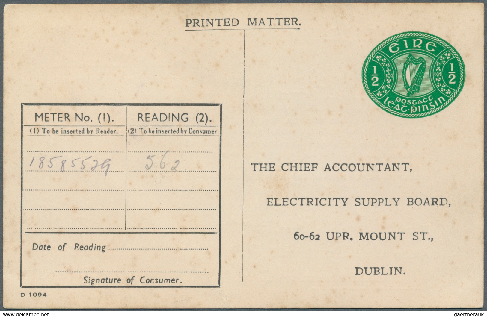 Irland - Ganzsachen: Electricity Supply Board: 1937, 1/2 D. Pale Green Printed Matter Card, Unused ( - Interi Postali
