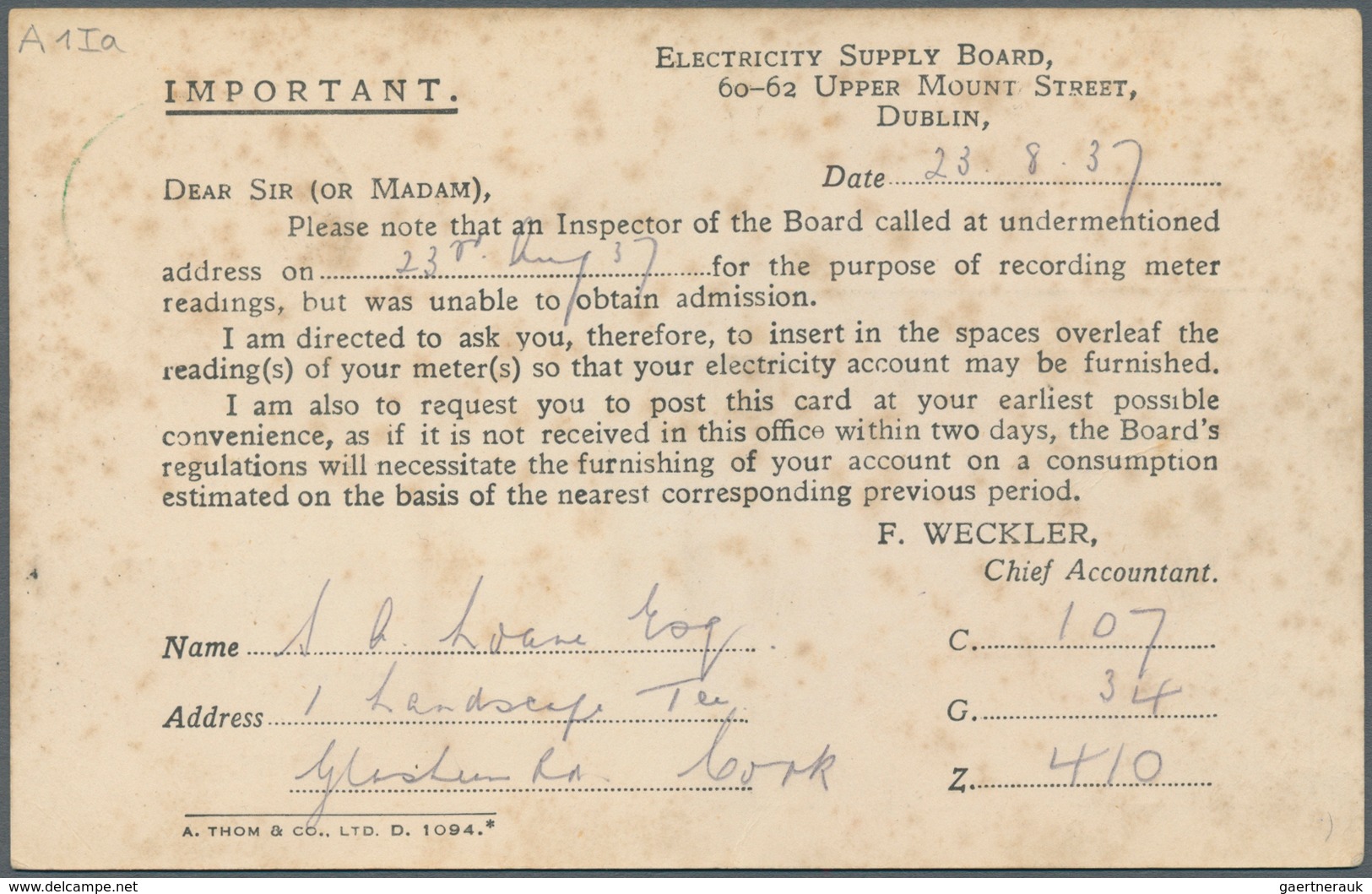 Irland - Ganzsachen: Electricity Supply Board: 1937, 1/2 D. Pale Green Printed Matter Card, Unused ( - Postwaardestukken