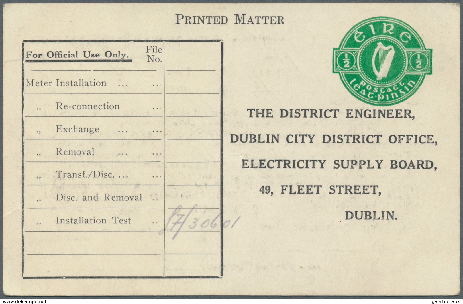 Irland - Ganzsachen: Electricity Supply Board: 1937, 1/2 D. Pale Green Printed Matter Card (Appointm - Postwaardestukken