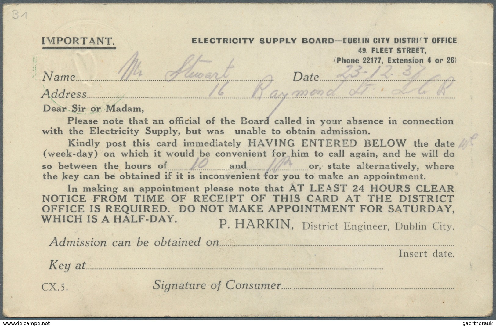 Irland - Ganzsachen: Electricity Supply Board: 1937, 1/2 D. Pale Green Printed Matter Card (Appointm - Postal Stationery