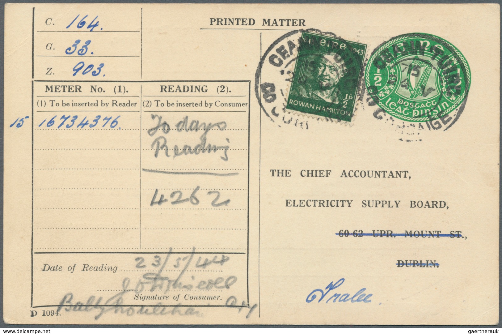 Irland - Ganzsachen: Electricity Supply Board: 1944, 1/2 D. Pale Green Printed Matter Card With Addi - Postwaardestukken