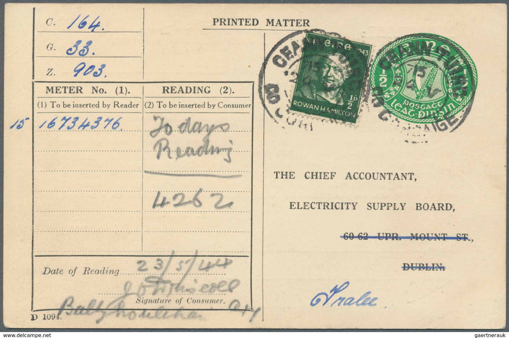 Irland - Ganzsachen: Electricity Supply Board: 1944, 1/2 D. Pale Green Printed Matter Card With Addi - Postal Stationery