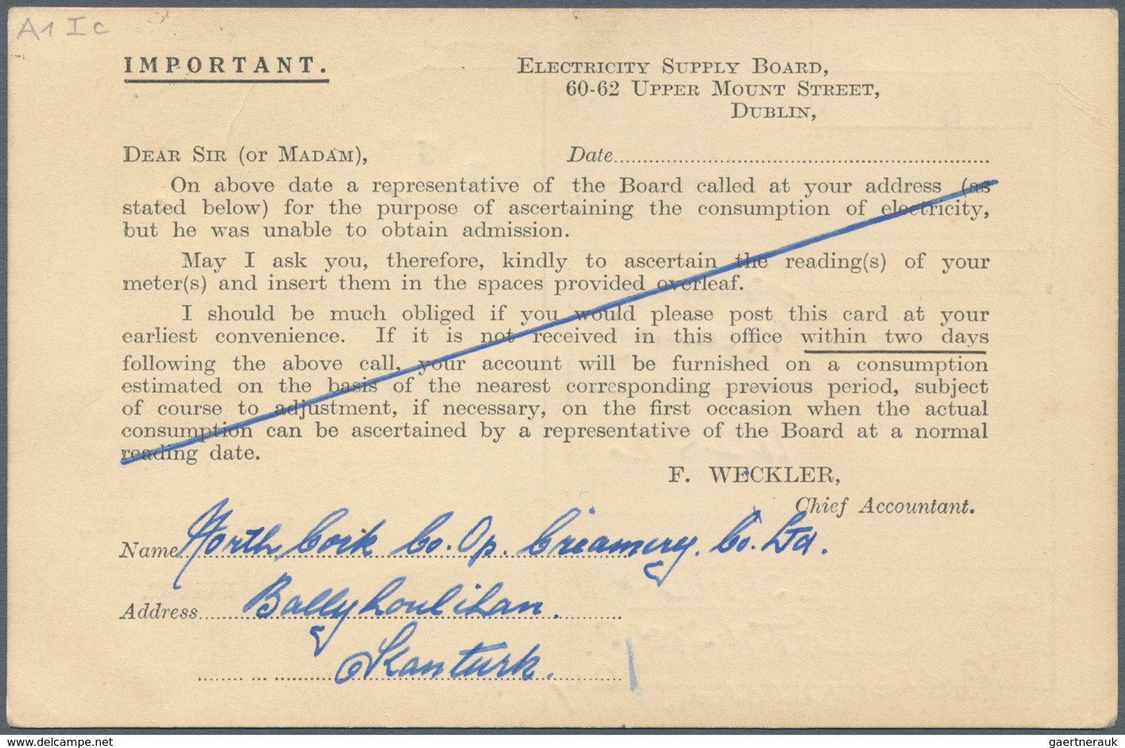 Irland - Ganzsachen: Electricity Supply Board: 1944, 1/2 D. Pale Green Printed Matter Card With Addi - Postal Stationery