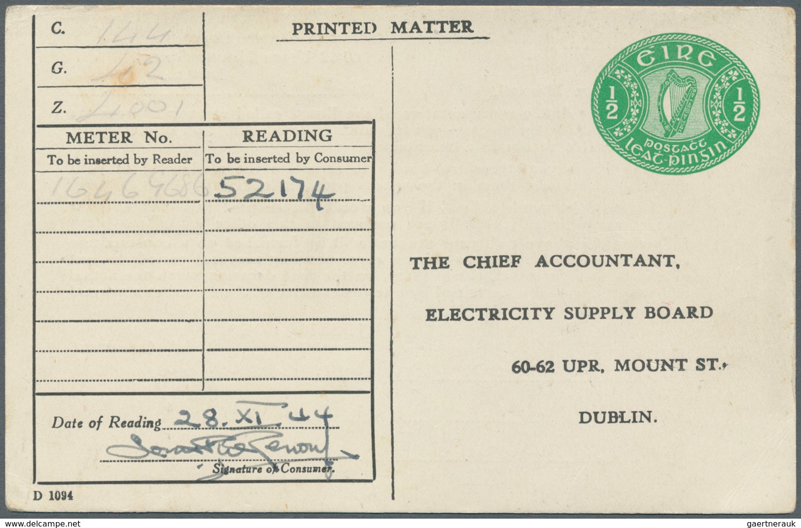 Irland - Ganzsachen: Electricity Supply Board: 1944, 1/2 D. Pale Green Printed Matter Card, Unused ( - Postwaardestukken