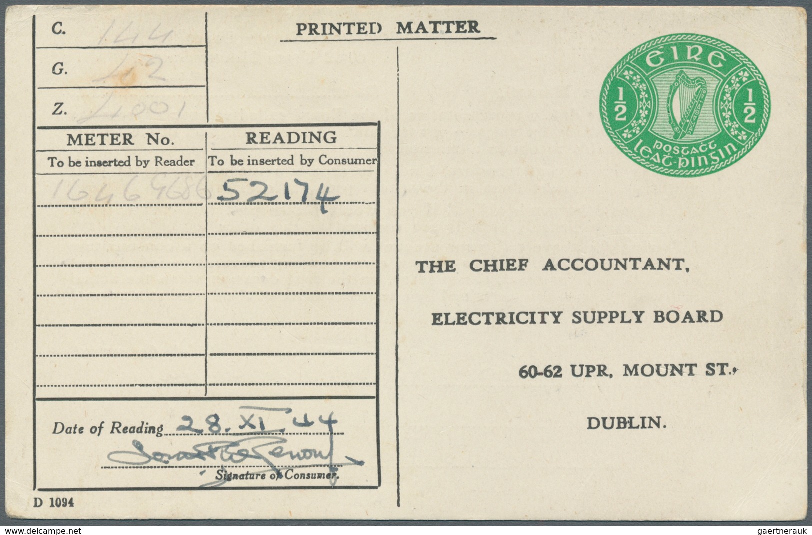Irland - Ganzsachen: Electricity Supply Board: 1944, 1/2 D. Pale Green Printed Matter Card, Unused ( - Postal Stationery