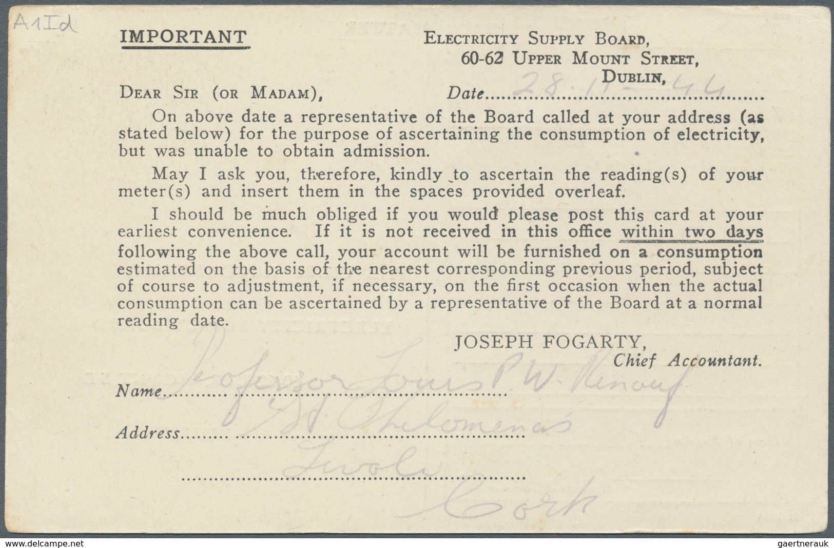 Irland - Ganzsachen: Electricity Supply Board: 1944, 1/2 D. Pale Green Printed Matter Card, Unused ( - Postwaardestukken