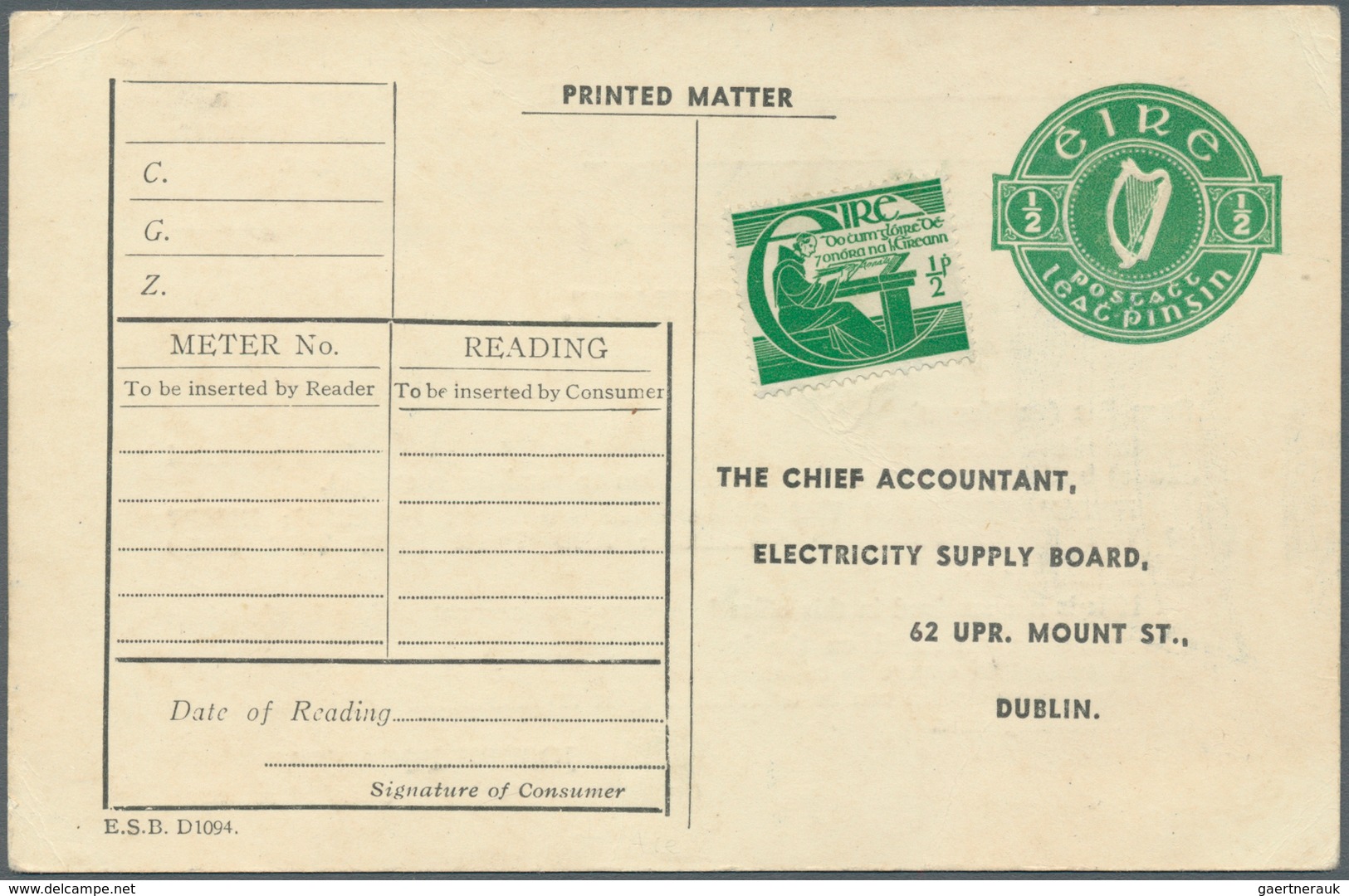 Irland - Ganzsachen: Electricity Supply Board: 1944 (?), 1/2 D. Pale Green Printed Matter Card (Mete - Postal Stationery