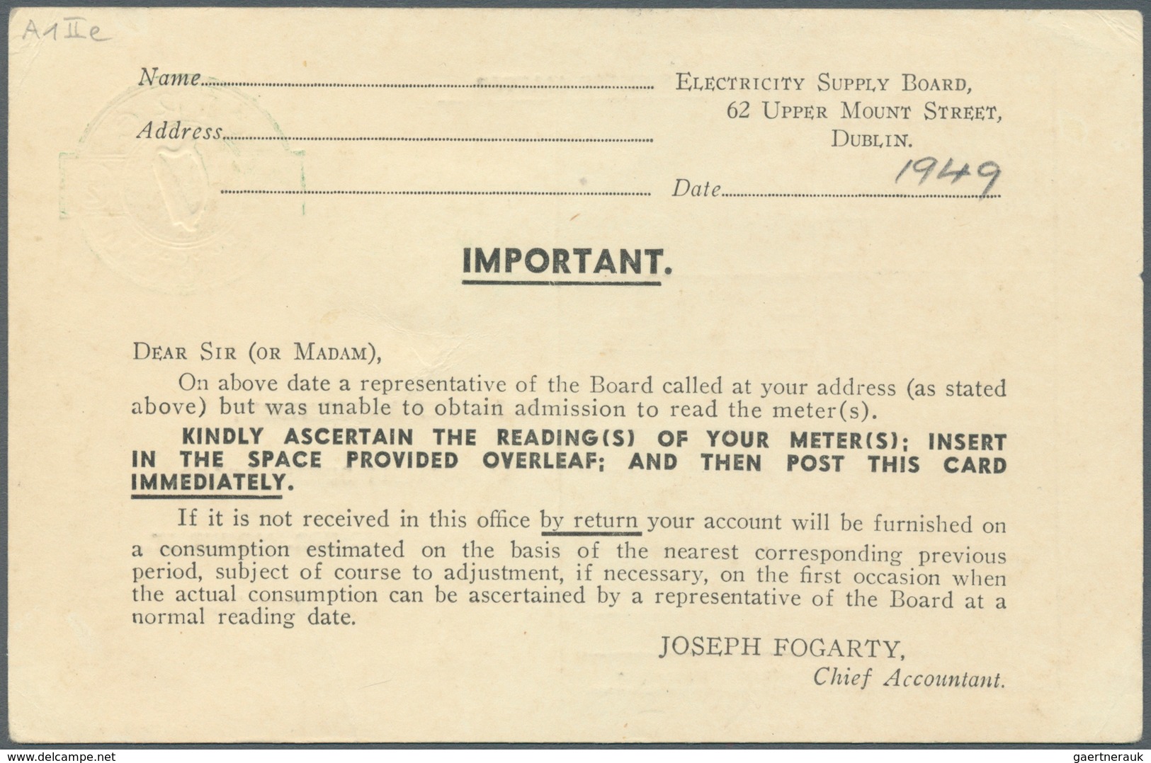 Irland - Ganzsachen: Electricity Supply Board: 1944 (?), 1/2 D. Pale Green Printed Matter Card (Mete - Postwaardestukken