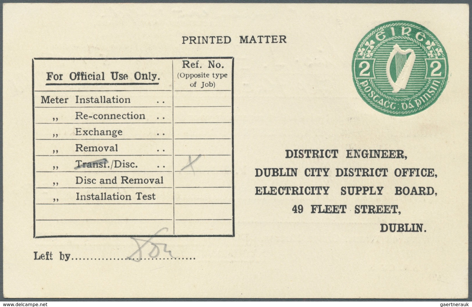 Irland - Ganzsachen: Electricity Supply Board: 1951, 2 D. Green Printed Matter Card (Appointment Car - Postwaardestukken