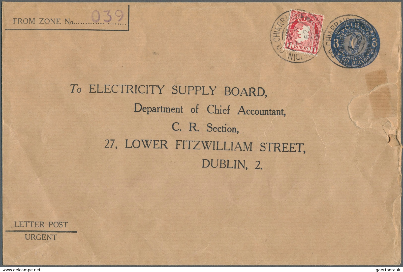 Irland - Ganzsachen: Electricity Supply Board: 1960, 3 D. Blue Envelope On Laid Brown Wrapping Paper - Interi Postali