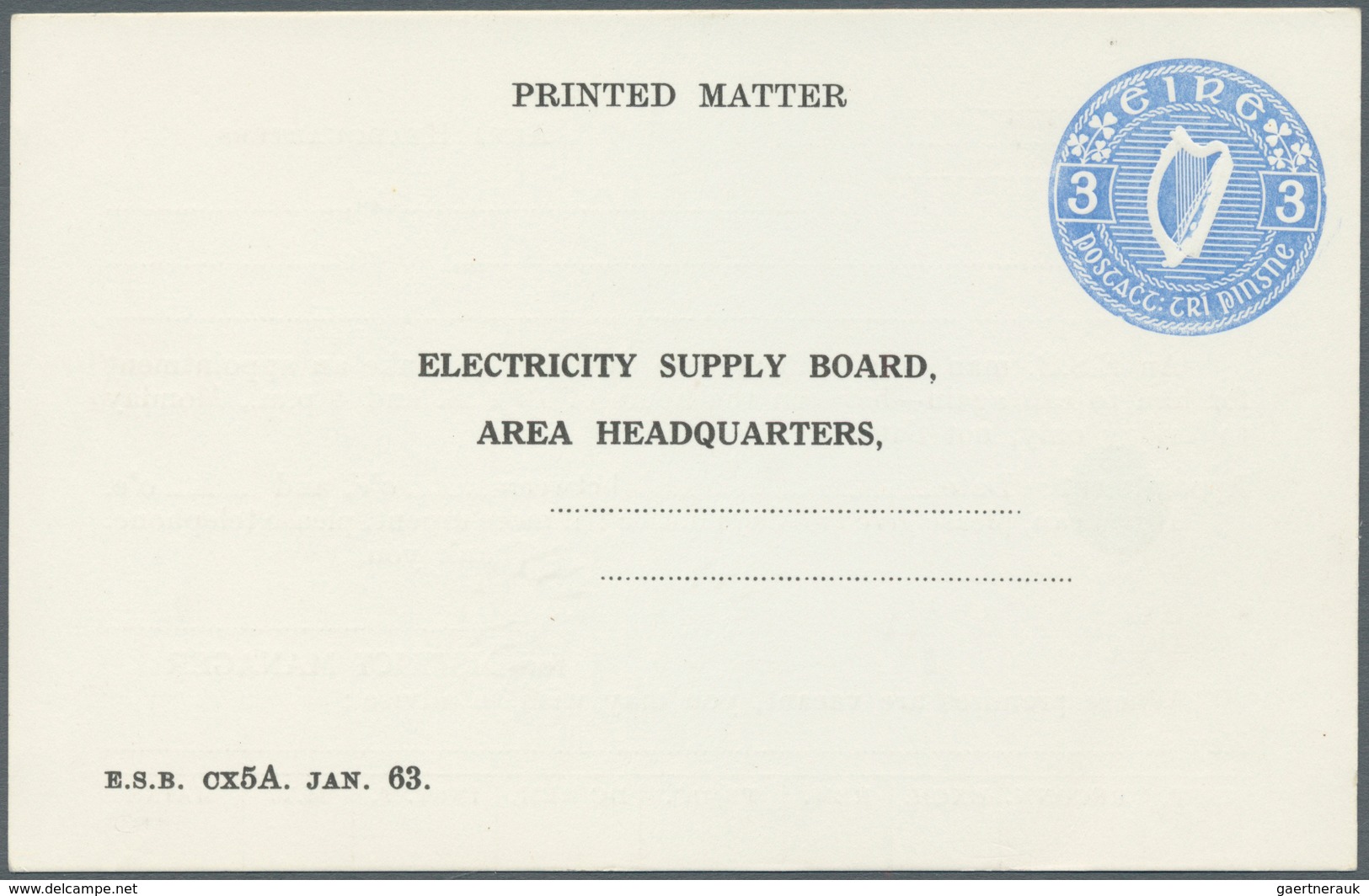Irland - Ganzsachen: Electricity Supply Board: 1963, 3 D.blue Printed Matter Card (Area Headquarters - Postwaardestukken