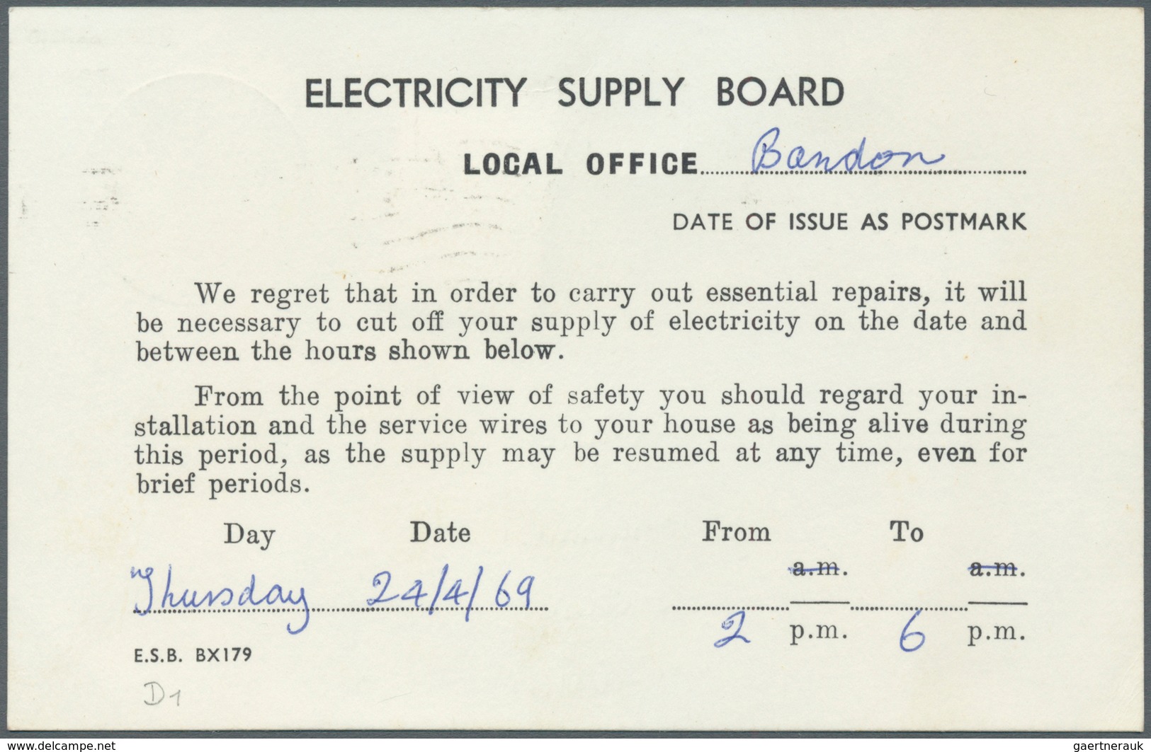 Irland - Ganzsachen: Electricity Supply Board: 1969, 3 D. Blue Printed Matter Card (Disconnection Of - Interi Postali