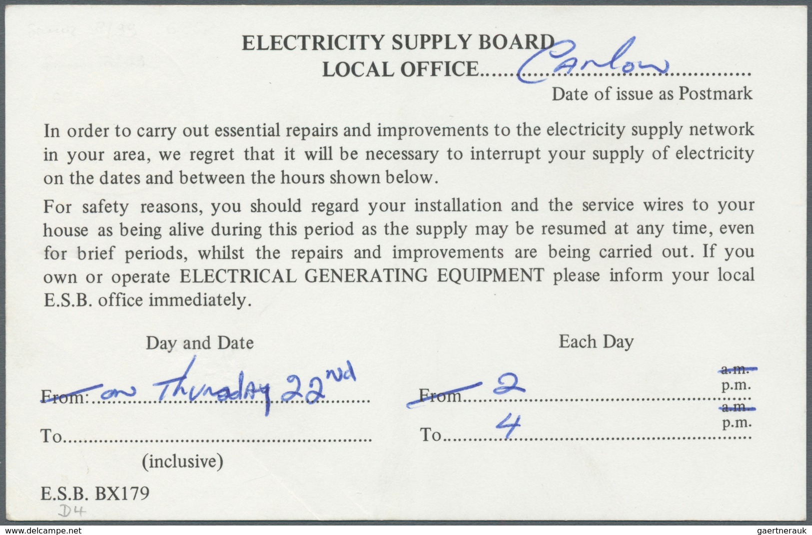 Irland - Ganzsachen: Electricity Supply Board: 1977, 8 D. Chestnut Printed Matter Card (Disconnectio - Postal Stationery