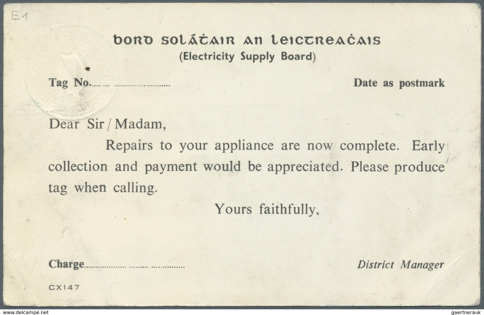 Irland - Ganzsachen: Electricity Supply Board: 1964, 2 D. Olive Green Printed Matter Card (Invoice C - Postal Stationery