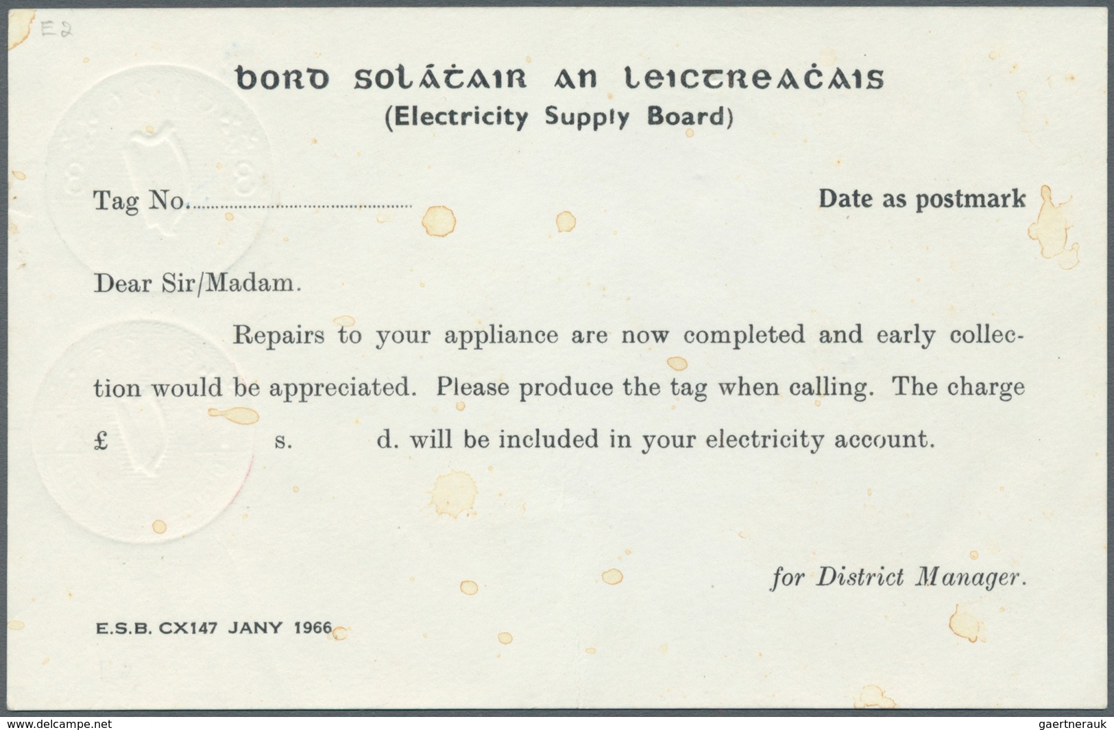 Irland - Ganzsachen: Electricity Supply Board: 1969, 3 D. Blue + 1 D. Red Printed Matter Card (Invoi - Postwaardestukken