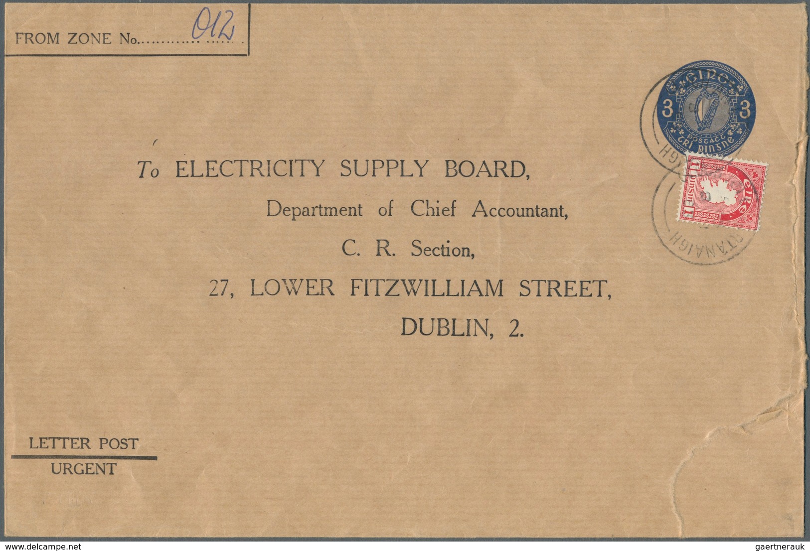 Irland - Ganzsachen: Electricity Supply Board: 1963, 3 D. Blue Envelope On Laid Brown Wrapping Paper - Interi Postali
