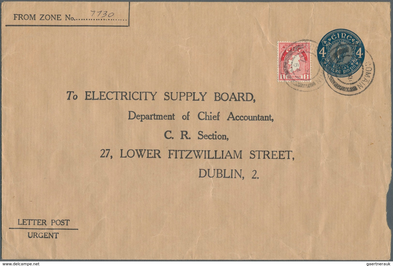 Irland - Ganzsachen: Electricity Supply Board: 1964, 4 D. Greenish Blue Envelope On Laid Brown Wrapp - Postwaardestukken