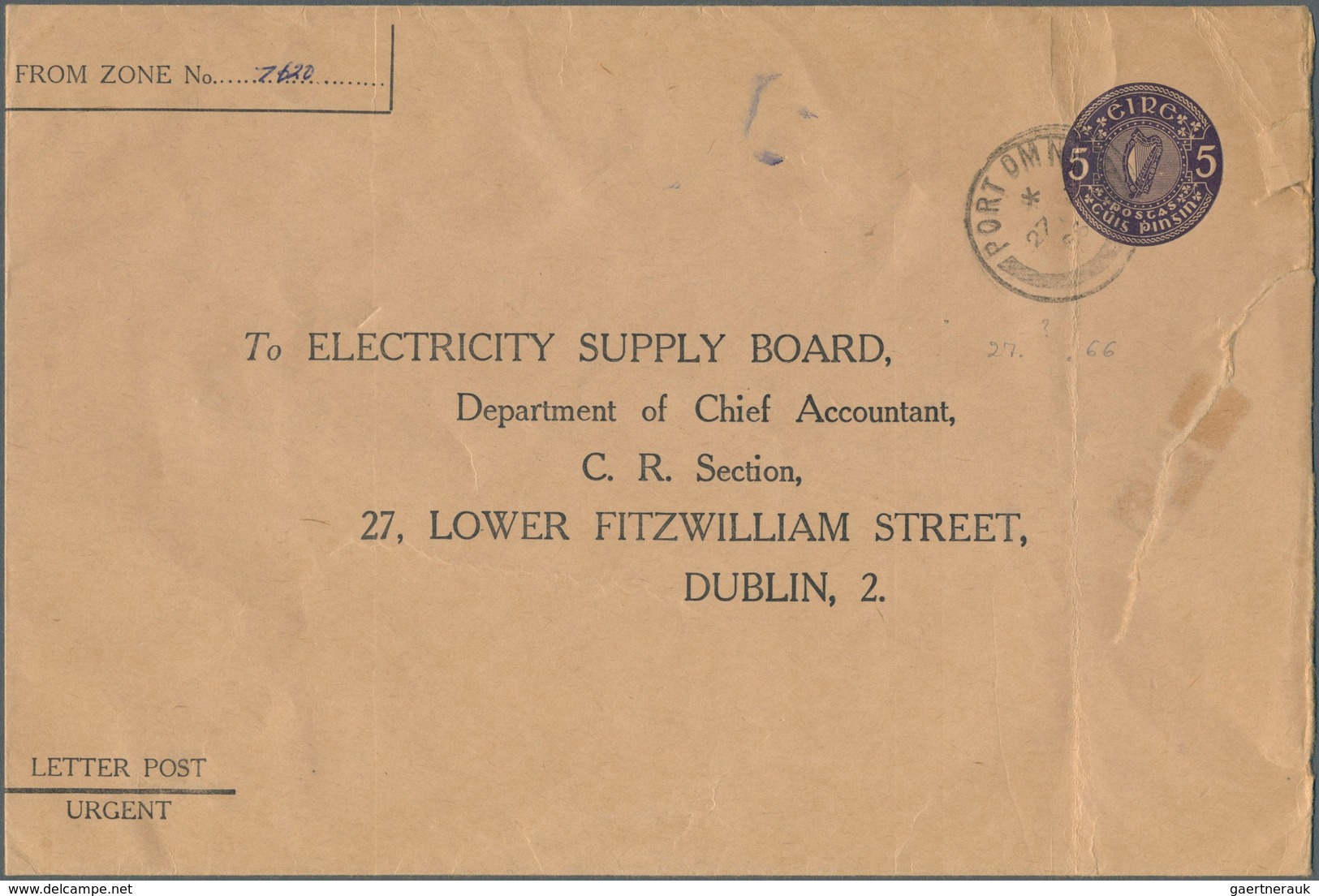 Irland - Ganzsachen: Electricity Supply Board: 1966, 5 D. Violet Envelope On Blurred Brown Wrapping - Interi Postali