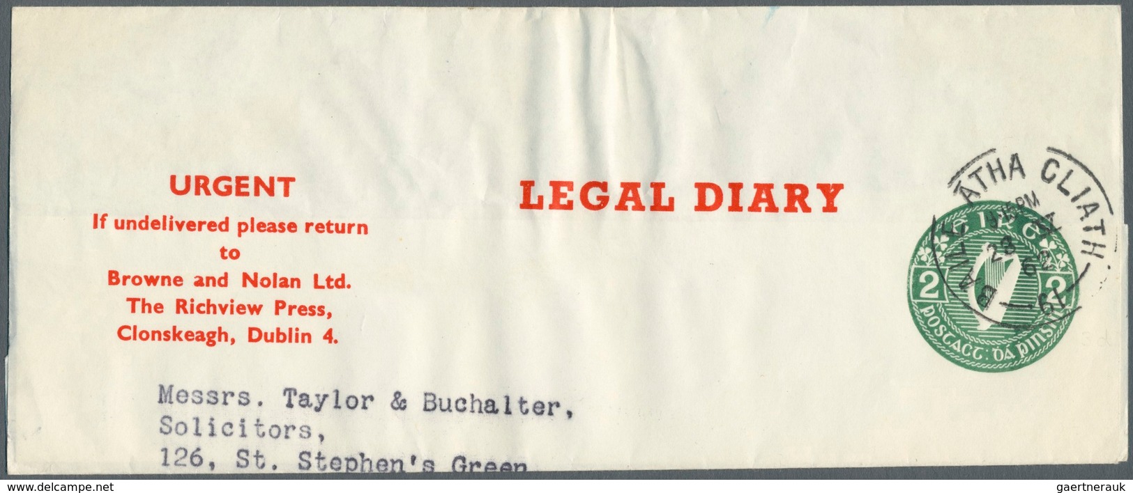 Irland - Ganzsachen: The Legal Diary: 1962, 2 D. Green Newspaper Wrapper On White Paper With New Add - Postwaardestukken