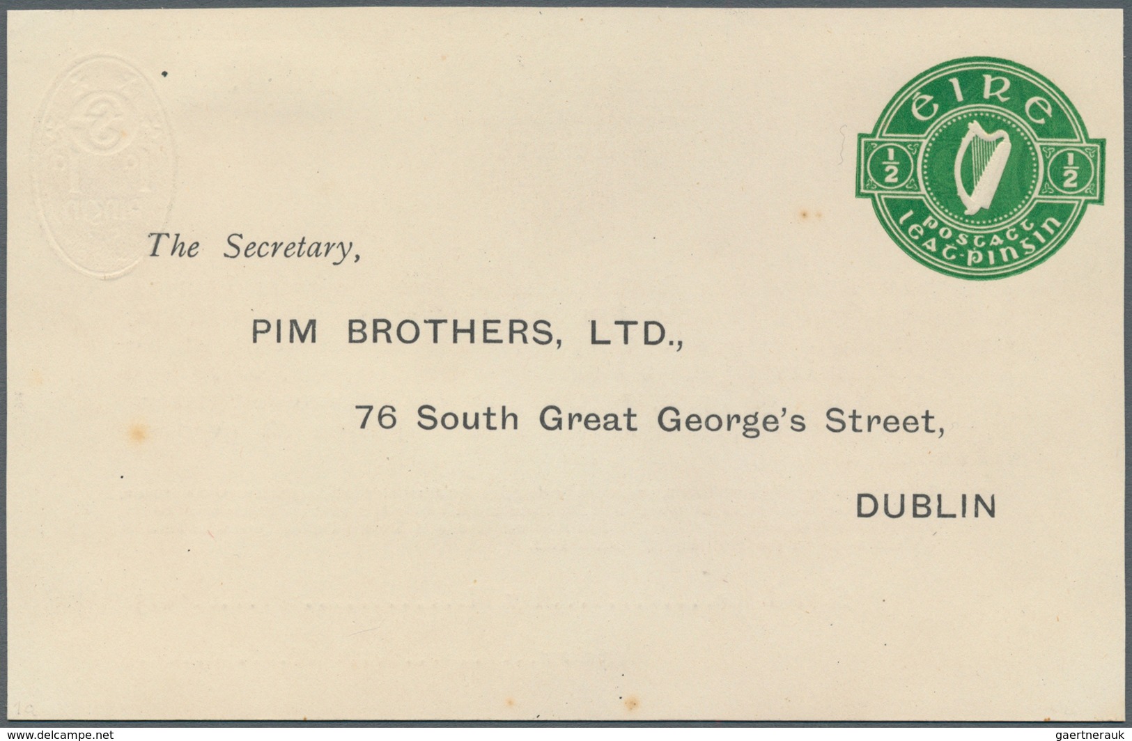Irland - Ganzsachen: Pim Brothers, Ltd., Dublin: 1935, 1/2 D. Pale Green "proxy" Card, Text In Black - Postwaardestukken