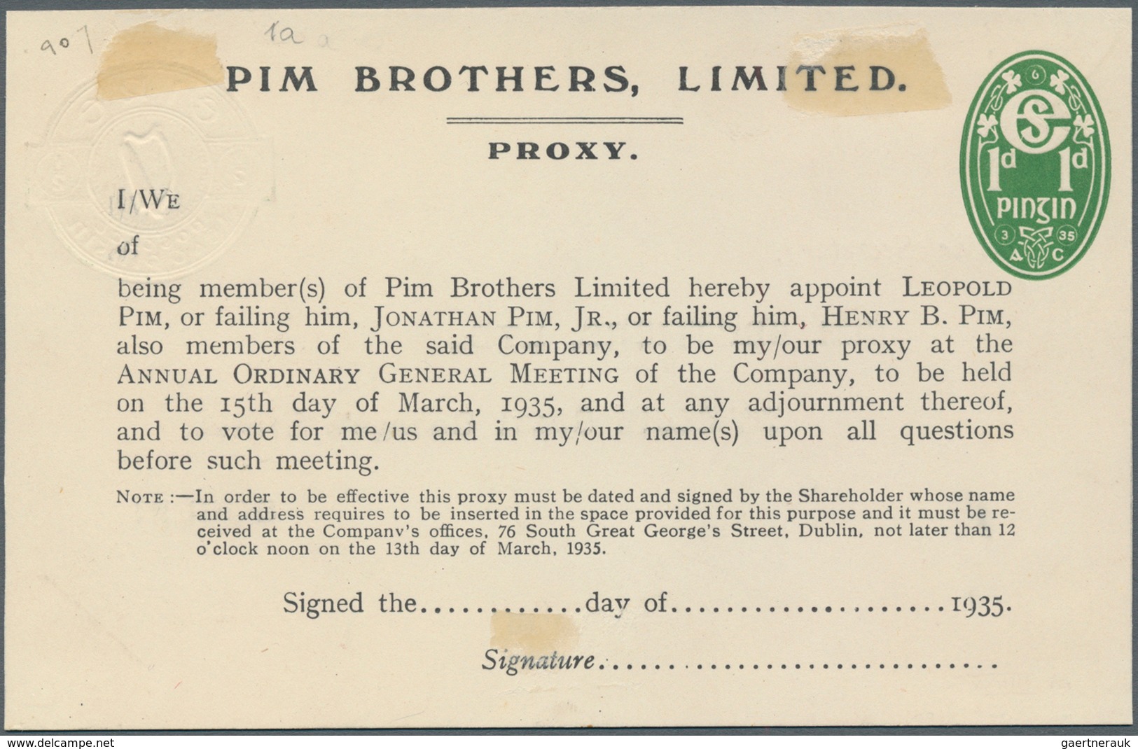 Irland - Ganzsachen: Pim Brothers, Ltd., Dublin: 1935, 1/2 D. Pale Green "proxy" Card, Text In Black - Postal Stationery