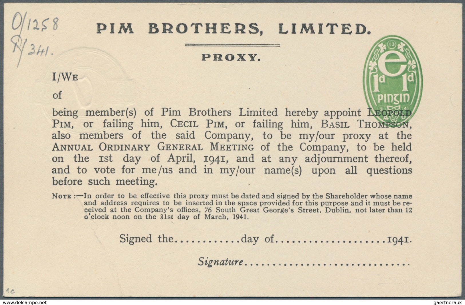 Irland - Ganzsachen: Pim Brothers, Ltd., Dublin: 1941, 1/2 D. Pale Green "proxy" Card, Text In Black - Postwaardestukken