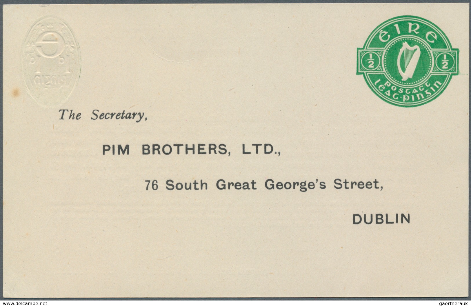 Irland - Ganzsachen: Pim Brothers, Ltd., Dublin: 1944, 1/2 D. Pale Green "proxy" Card, Text In Black - Postal Stationery