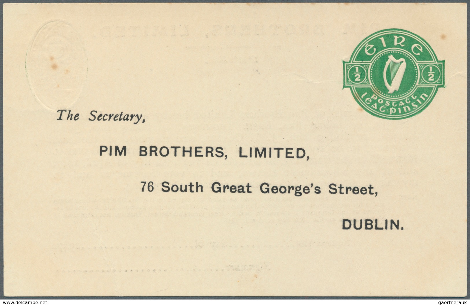 Irland - Ganzsachen: Pim Brothers, Ltd., Dublin: 1947, 1/2 D. Pale Green "proxy" Card, Text In Black - Postwaardestukken