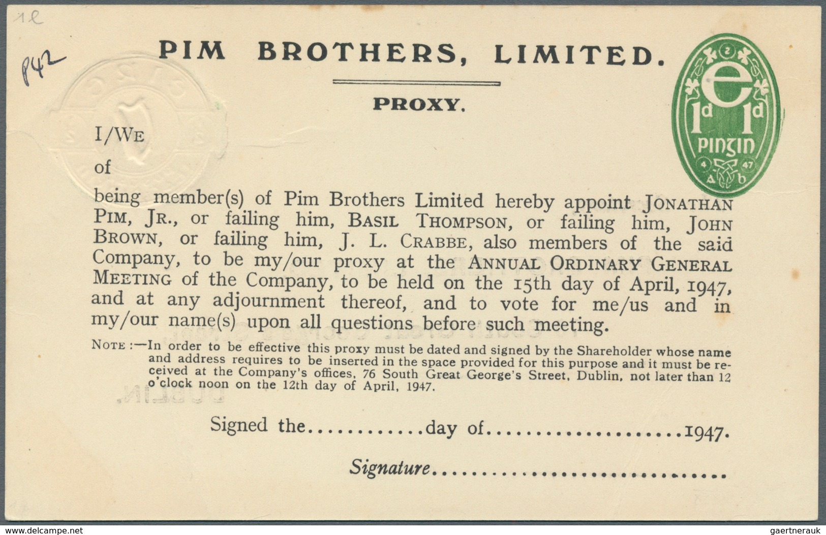 Irland - Ganzsachen: Pim Brothers, Ltd., Dublin: 1947, 1/2 D. Pale Green "proxy" Card, Text In Black - Interi Postali