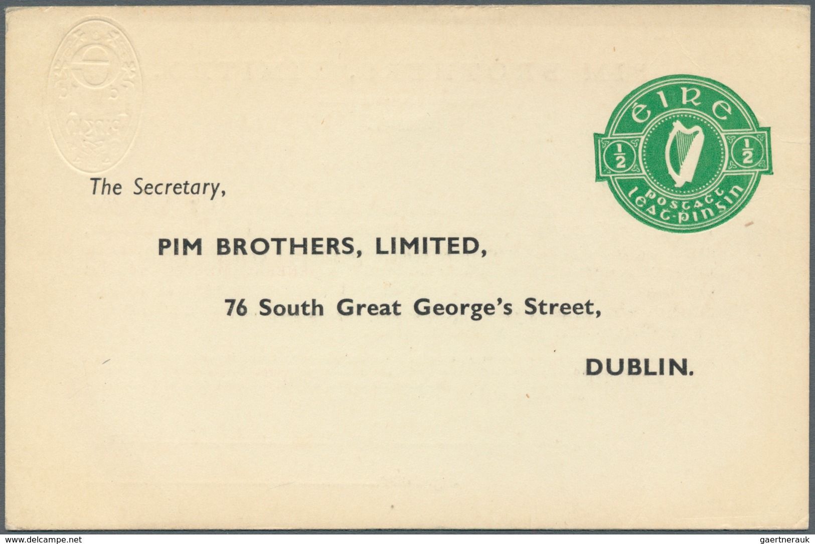 Irland - Ganzsachen: Pim Brothers, Ltd., Dublin: 1947, 1/2 D. Pale Green "proxy" Card, Text In Black - Postwaardestukken