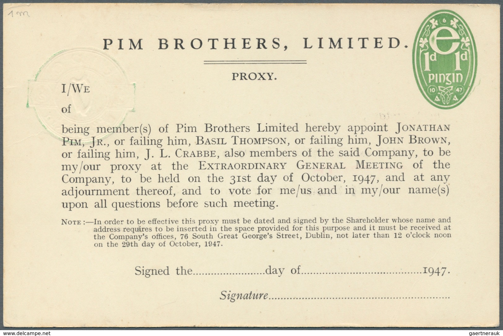 Irland - Ganzsachen: Pim Brothers, Ltd., Dublin: 1947, 1/2 D. Pale Green "proxy" Card, Text In Black - Postal Stationery