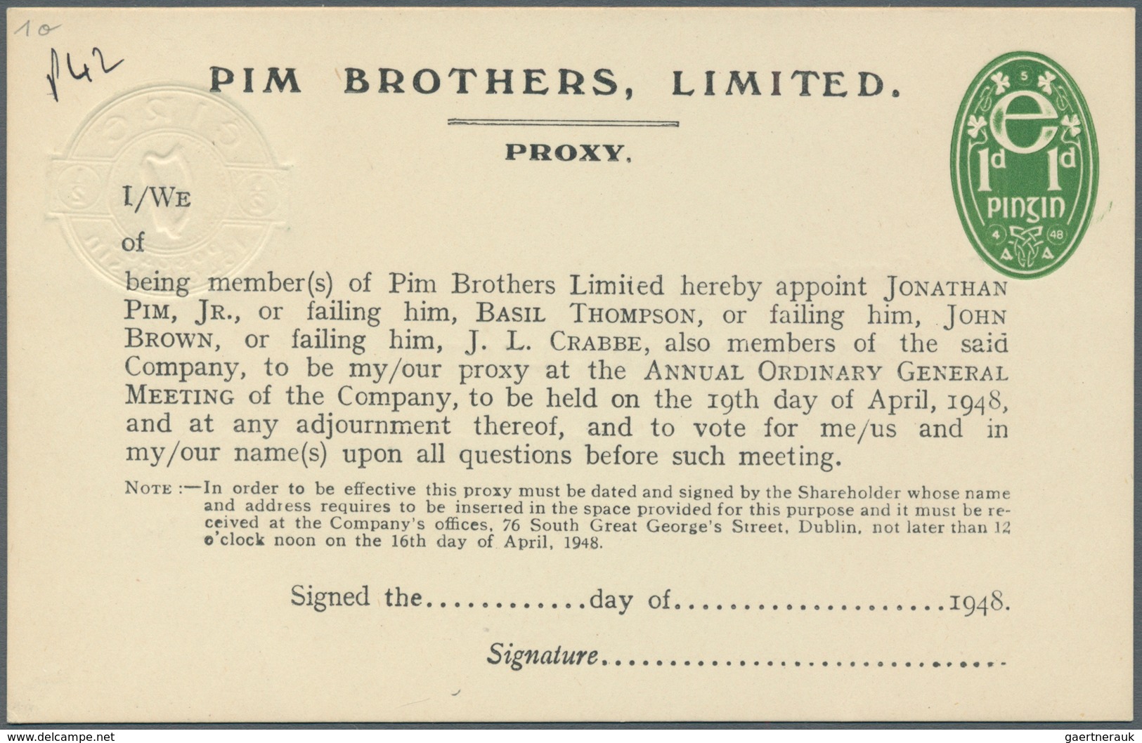 Irland - Ganzsachen: Pim Brothers, Ltd., Dublin: 1948, 1/2 D. Pale Green "proxy" Card, Text In Black - Postal Stationery