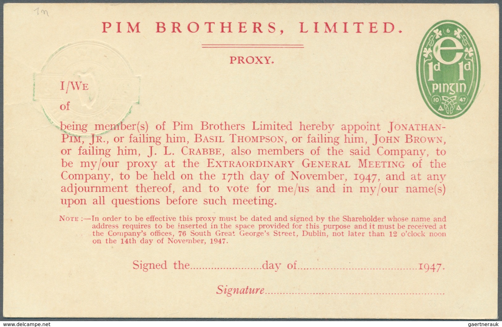 Irland - Ganzsachen: Pim Brothers, Ltd., Dublin: 1947, 1/2 D. Pale Green "proxy" Card, Text In Red W - Postwaardestukken