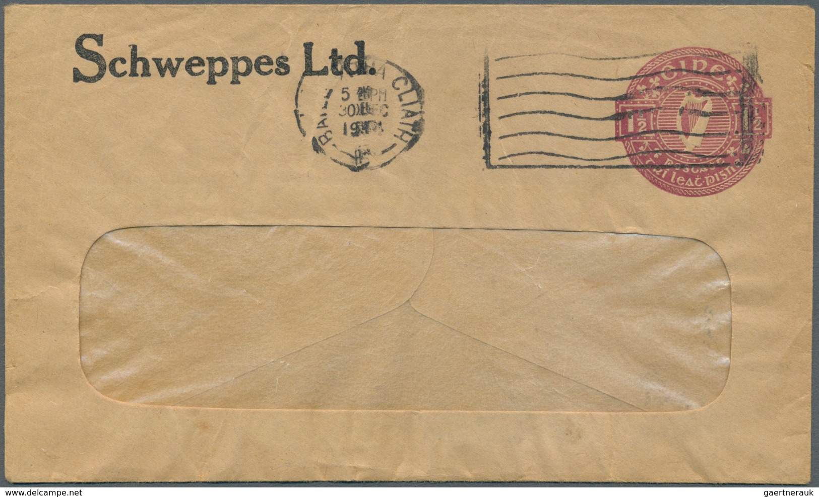 Irland - Ganzsachen: Schweppes Ltd.: 1952, 1 1/2 D. Violet Window Envelope, Used From "BALE ÁTHA CLI - Postwaardestukken