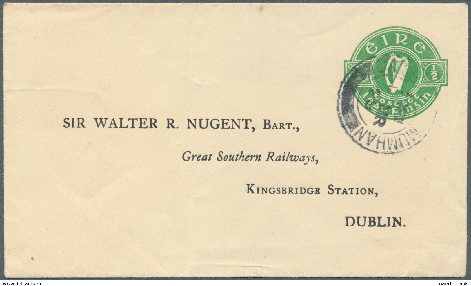 Irland - Ganzsachen: Great Southern Railways: 1929, 1/2 D. Pale Green Envelope, Used From "CAISEAL M - Interi Postali