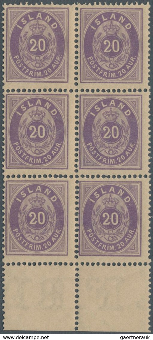 Island: 1876, 20 Aur Violet (2nd Printing 1881), Vertical Block Of 6 From Bottom Sheet Margin, All S - Andere & Zonder Classificatie