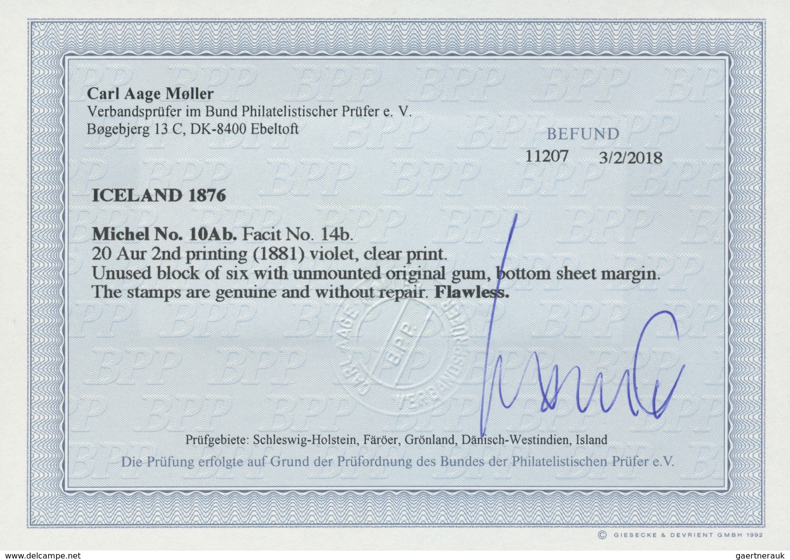 Island: 1876, 20 Aur Violet (2nd Printing 1881), Vertical Block Of 6 From Bottom Sheet Margin, All S - Altri & Non Classificati