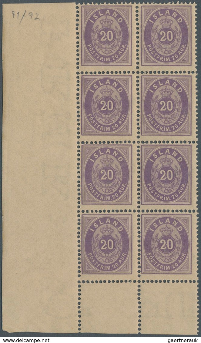 Island: 1876, 20 Aur Violet (2nd Printing 1881), Block Of 8 From Lower Left Corner Margin, All Stamp - Andere & Zonder Classificatie