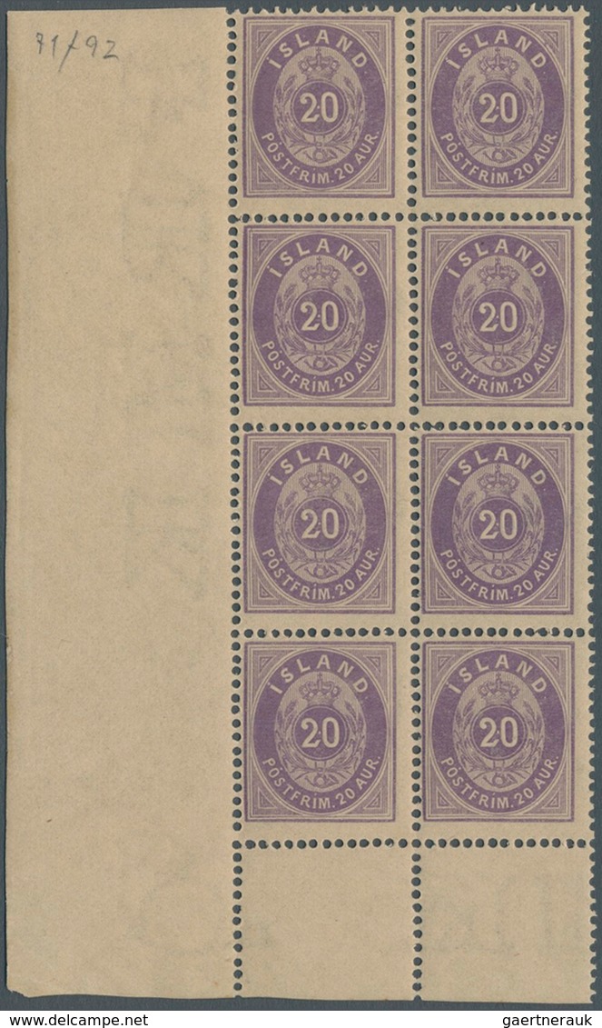 Island: 1876, 20 Aur Violet (2nd Printing 1881), Block Of 8 From Lower Left Corner Margin, All Stamp - Altri & Non Classificati