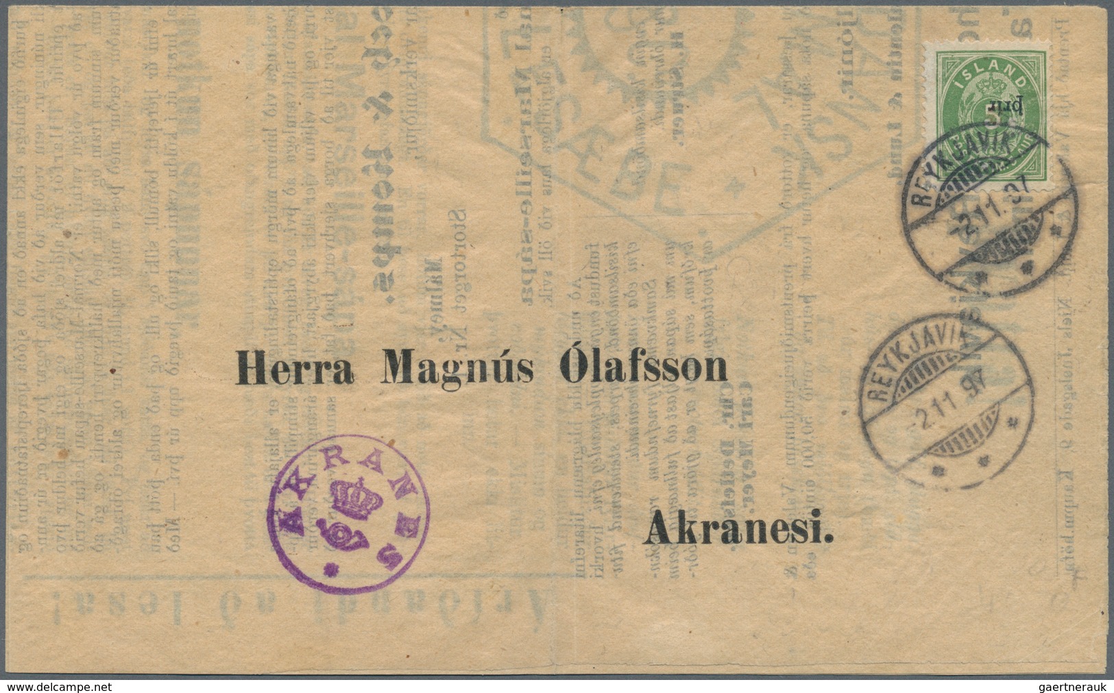 Island: 1897, "3" In Rot Und KOPFSTEHEND "prir" Kleinerer Lokalaufdruck In Schwarz Auf 5 A Grün, Gez - Andere & Zonder Classificatie