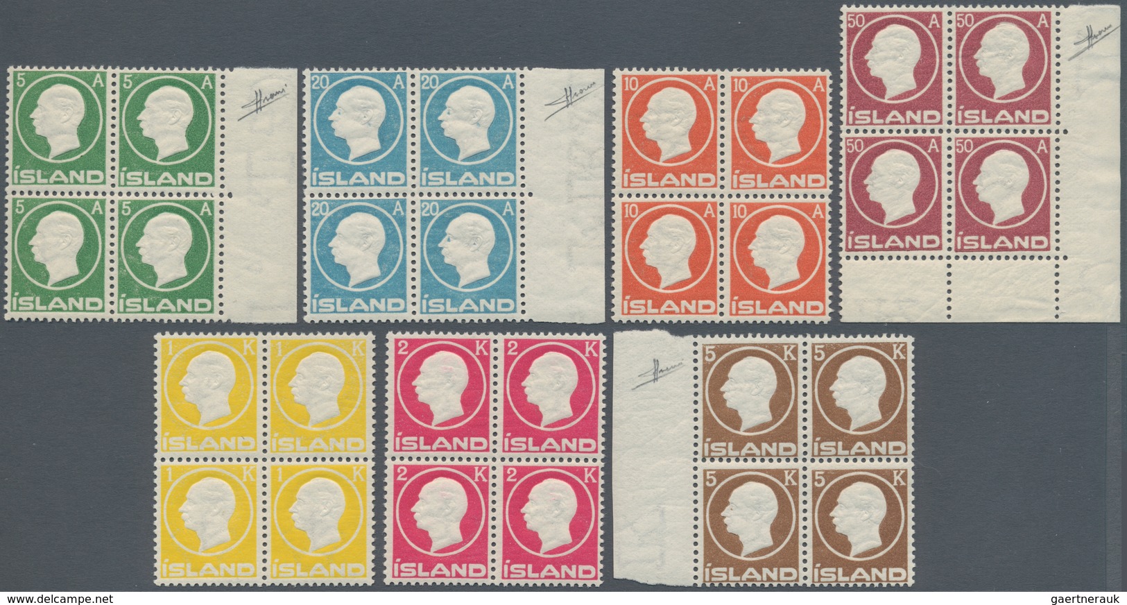 Island: 1912, Complete Set 5 Aurar To 5 Króna Definitives King Frederik VIII In Blocks Of Four, Fres - Andere & Zonder Classificatie