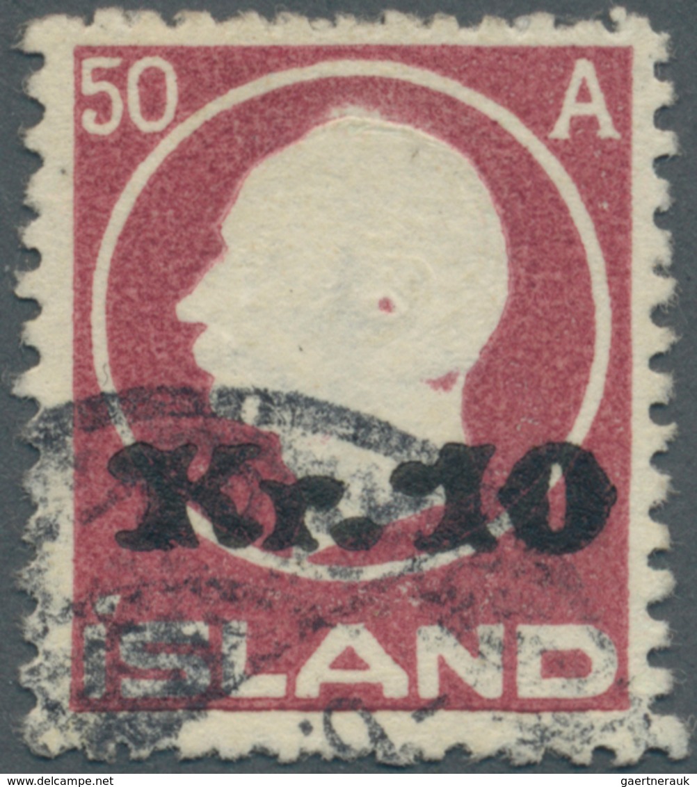 Island: 1925, King Frederik 50aur. Surch. 'Kr.10' Fine Used, Scarce Stamp With Grønlund Certificate - Andere & Zonder Classificatie