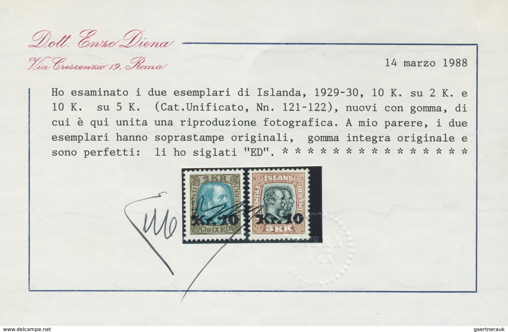 Island: 1929/1930, Zwei Aufdruckwerte Mit 10 Kr. Auf 2 Kr. Olivbraun/hellblau Bzw. Auf 5 Kr. Hellbra - Other & Unclassified